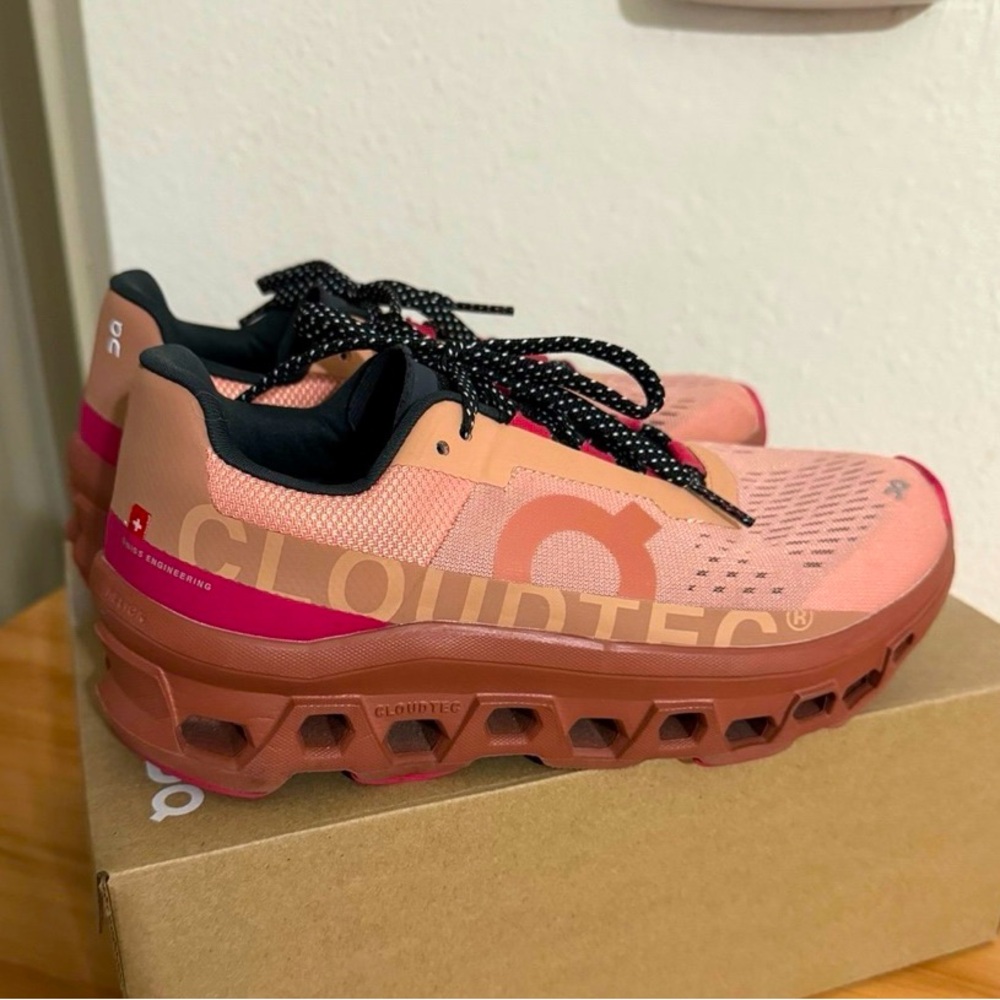 On Cloudmonster in rose/cork